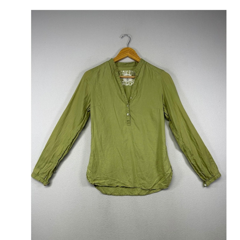 Boho Coastal L.O.G.G. H&M Women 4 Olive Green 100% Linen Split Neck Blouse Top